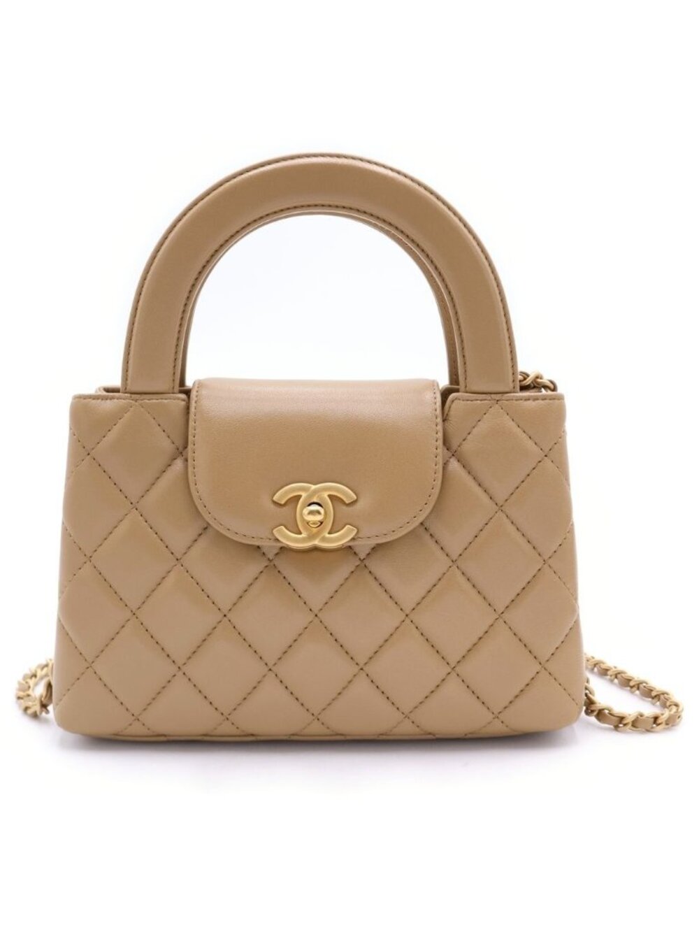 Chanel Quilted Mini Shopping Lambskin Gold Chain Shoulder Bag Plate Beige